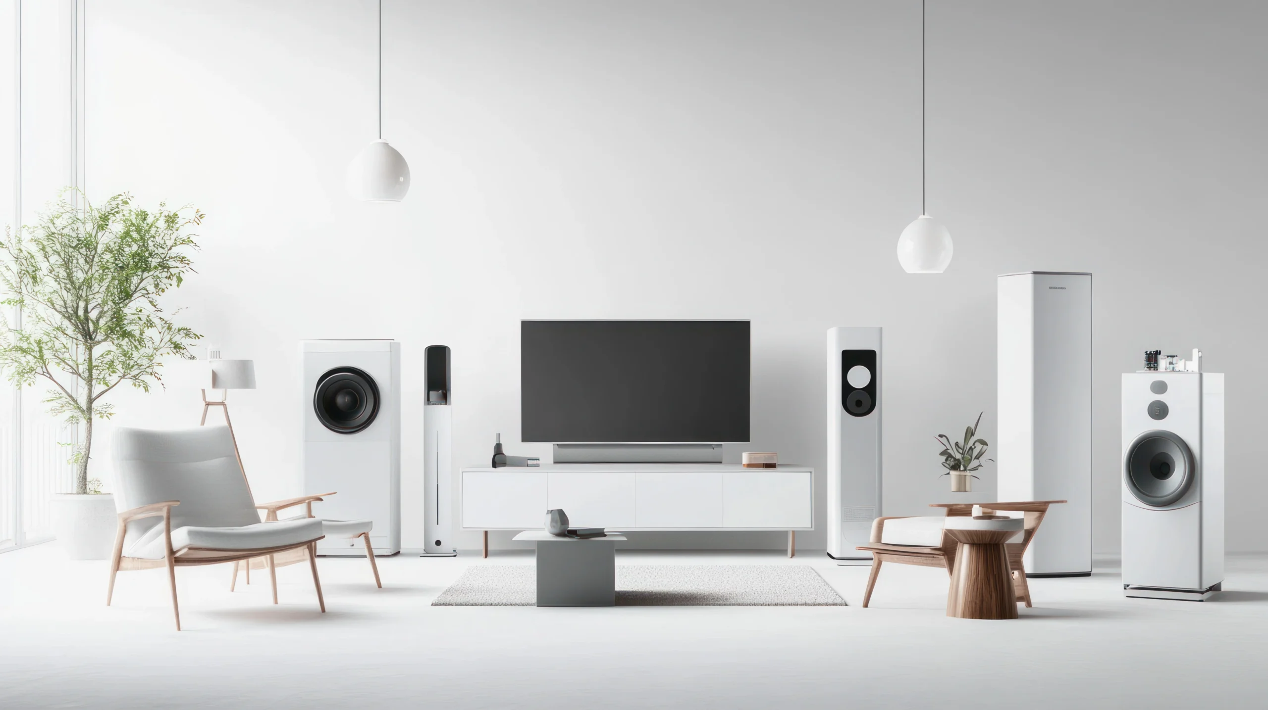minimalist living room with white furniture modern audio equipment
